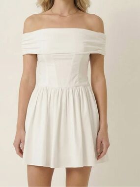 Modenaire Off-Shoulder Ruched Bodice Mini Dress with Flowy Skirt